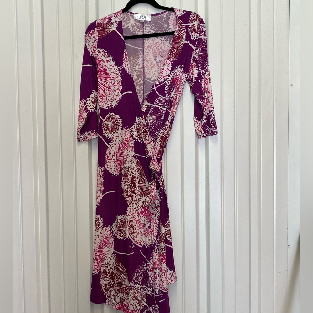 NIKKI by Nikki Poulos  Womens Maxi Faux Wrap Tie Belt 3/4 Sleeves Comfy Size M